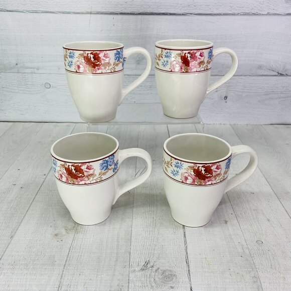 Country Living CUJ1 Center Red Rose Dot Stoneware White 16 oz Cups Mugs Set 4 - Picture 5 of 12